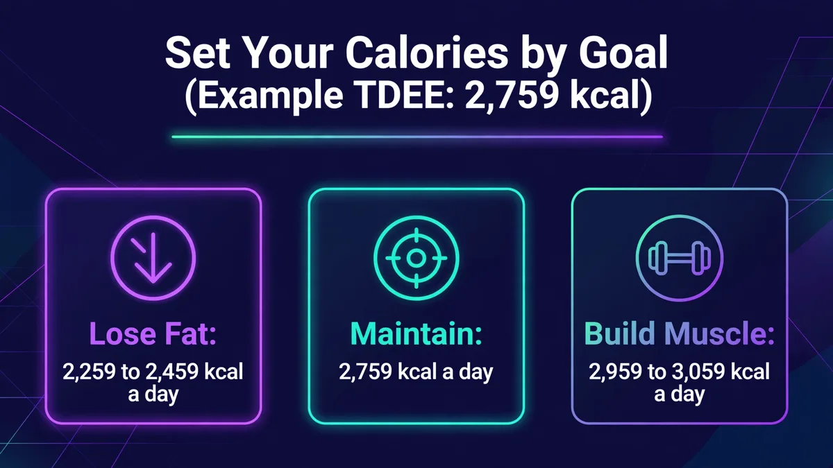 Set your calories by goal: with an example TDEE of 2,759 kcal, lose fat at 2,259 to 2,459 kcal a day, maintain at 2,759 kcal a day, or build muscle at 2,959 to 3,059 kcal a day