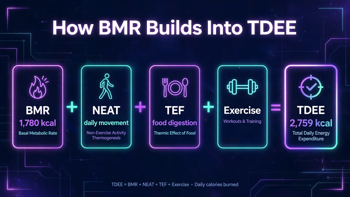 How BMR builds into TDEE: BMR of 1,780 kcal plus NEAT daily movement, TEF food digestion, and exercise equals a TDEE of 2,759 kcal