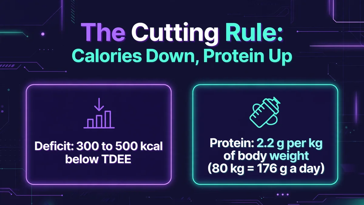 The cutting rule: calories down, protein up. Eat 300 to 500 kcal below TDEE and keep protein at 2.2 g per kg of body weight, which is 176 g a day for an 80 kg person