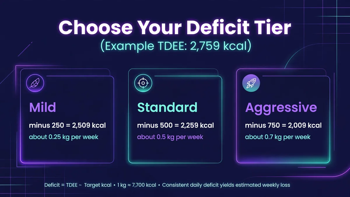 Calorie deficit tiers for an example TDEE of 2,759 kcal: mild minus 250 gives 2,509 kcal and about 0.25 kg per week, standard minus 500 gives 2,259 kcal and about 0.5 kg per week, aggressive minus 750 gives 2,009 kcal and about 0.7 kg per week