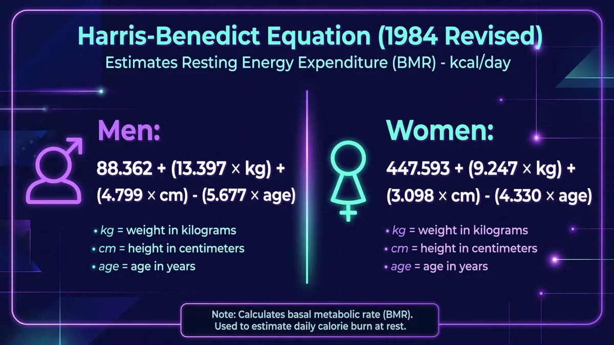 Harris-Benedict equation 1984 revised formulas for men and women: BMR calculated from weight in kg, height in cm, and age