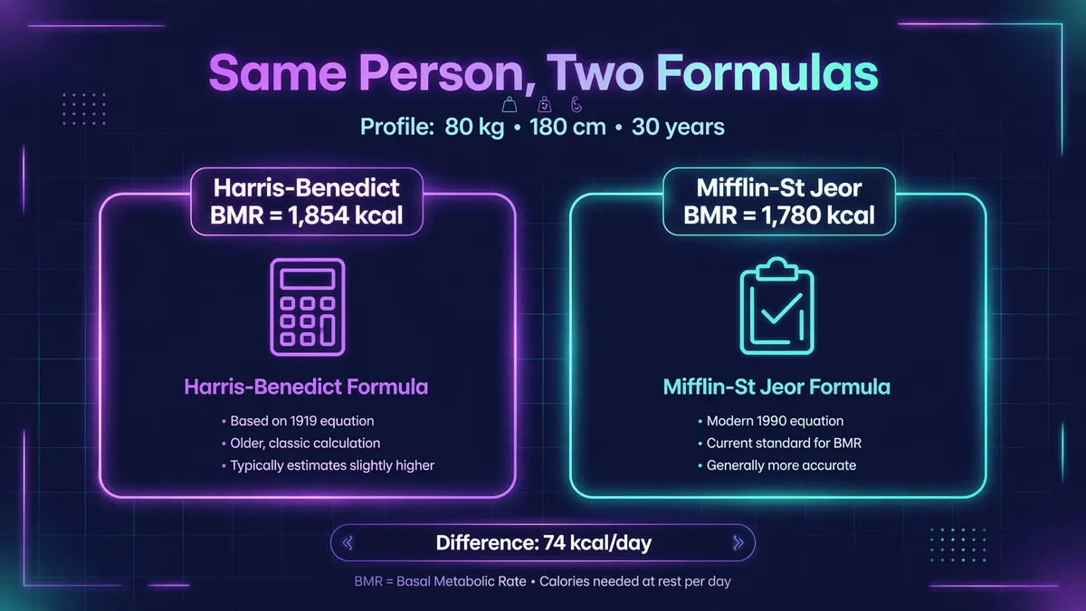 Harris-Benedict vs Mifflin-St Jeor BMR comparison for the same man, 80 kg, 180 cm, 30 years old: 1,854 kcal vs 1,780 kcal