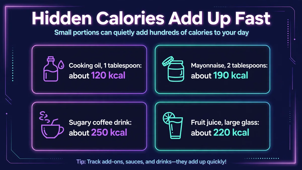 Hidden calories add up fast: cooking oil is about 120 kcal per tablespoon, mayonnaise about 190 kcal for 2 tablespoons, a sugary coffee drink about 250 kcal, and a large glass of fruit juice about 220 kcal