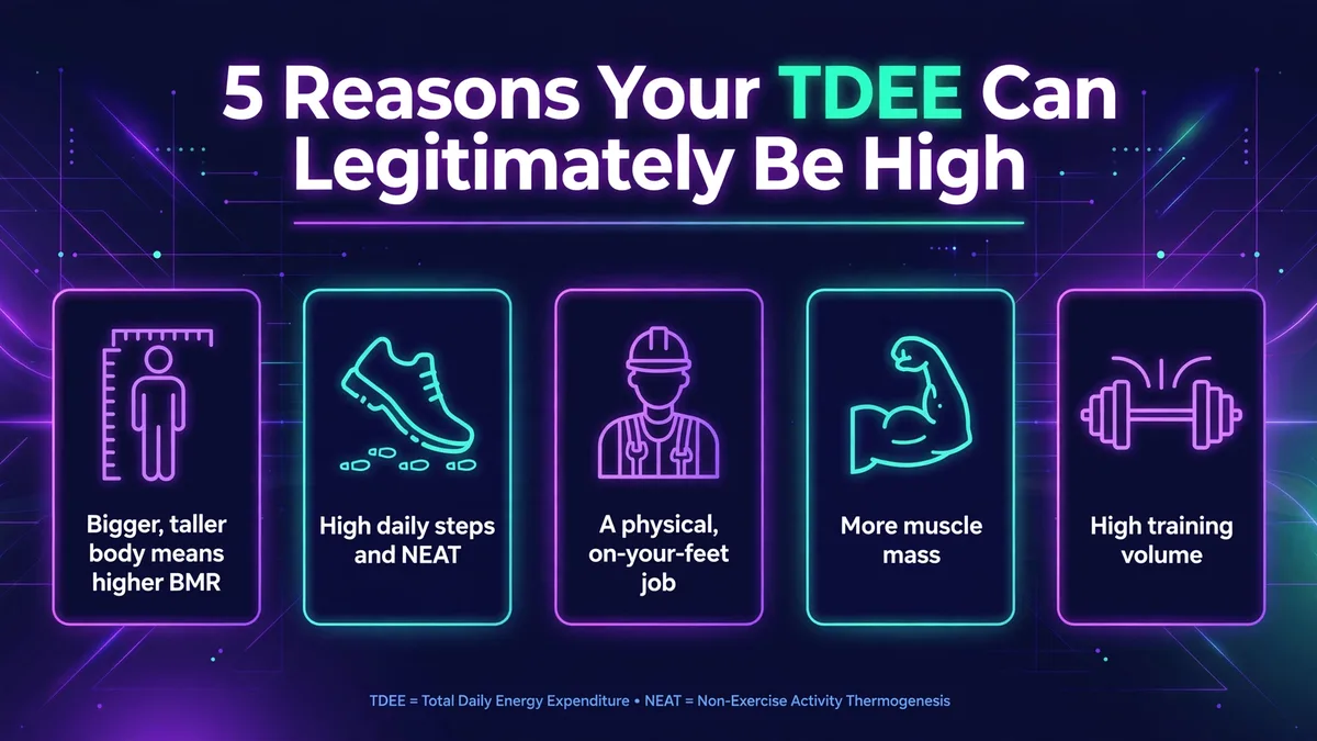 5 reasons your TDEE can legitimately be high: a bigger, taller body means a higher BMR, high daily steps and NEAT, a physical on-your-feet job, more muscle mass, and high training volume