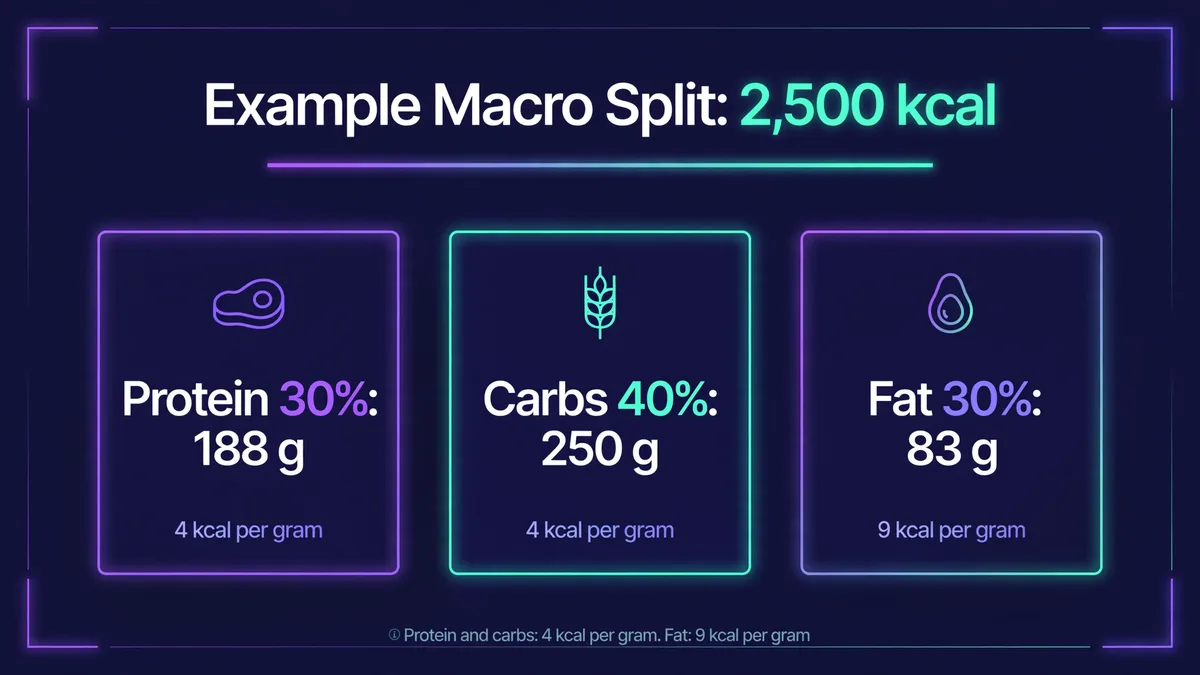 Example macro split for 2,500 kcal: protein 30 percent is 188 g, carbs 40 percent is 250 g, fat 30 percent is 83 g; protein and carbs provide 4 kcal per gram and fat provides 9 kcal per gram