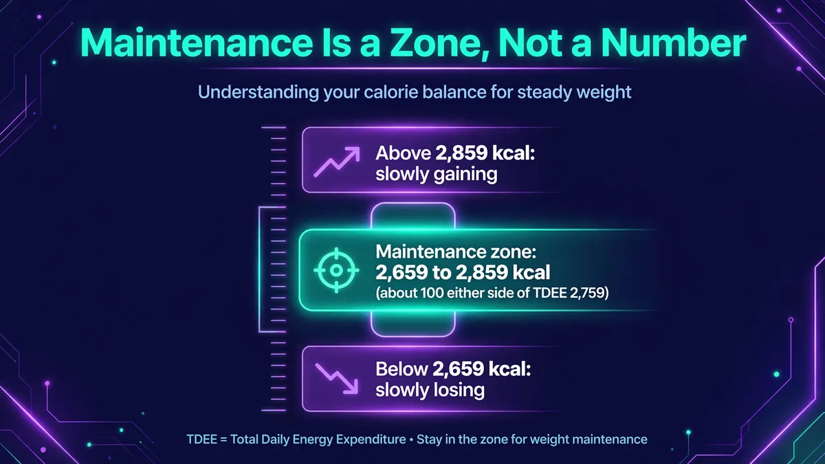 Maintenance is a zone, not a number: for a TDEE of 2,759 kcal, the maintenance zone is about 2,659 to 2,859 kcal; above it you slowly gain and below it you slowly lose