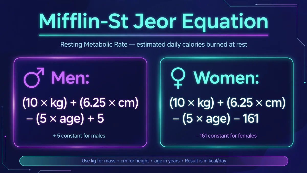 Mifflin-St Jeor equation for men and women: BMR formula using weight in kilograms, height in centimeters, and age in years