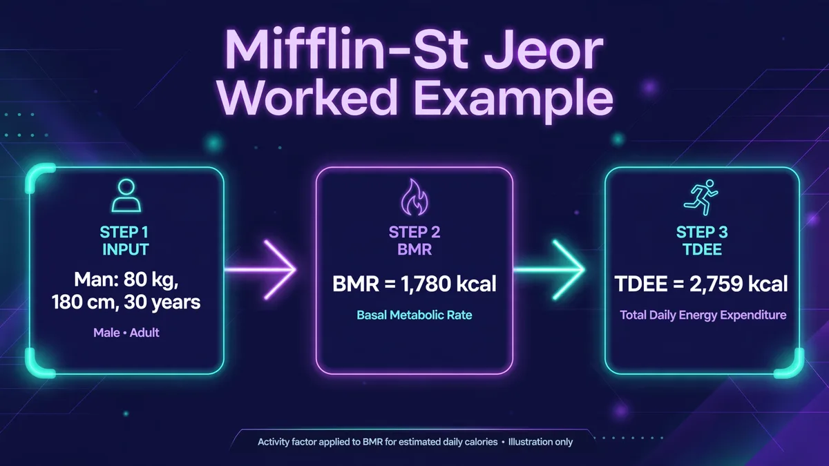 Mifflin-St Jeor worked example: an 80 kg, 180 cm, 30 year old man has a BMR of 1,780 kcal and a TDEE of 2,759 kcal