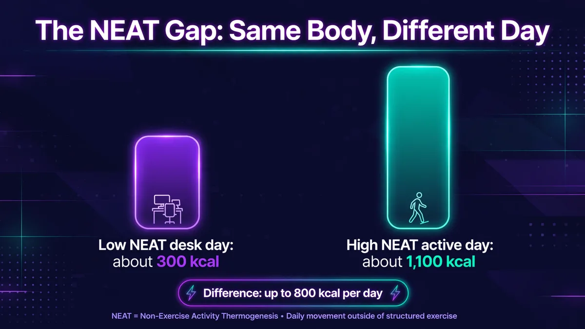 The NEAT gap: a low NEAT desk day burns about 300 kcal through NEAT vs about 1,100 kcal on a high NEAT active day, a difference of up to 800 kcal per day