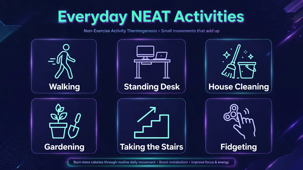 Everyday NEAT activities: walking, standing desk, house cleaning, gardening, taking the stairs, and fidgeting