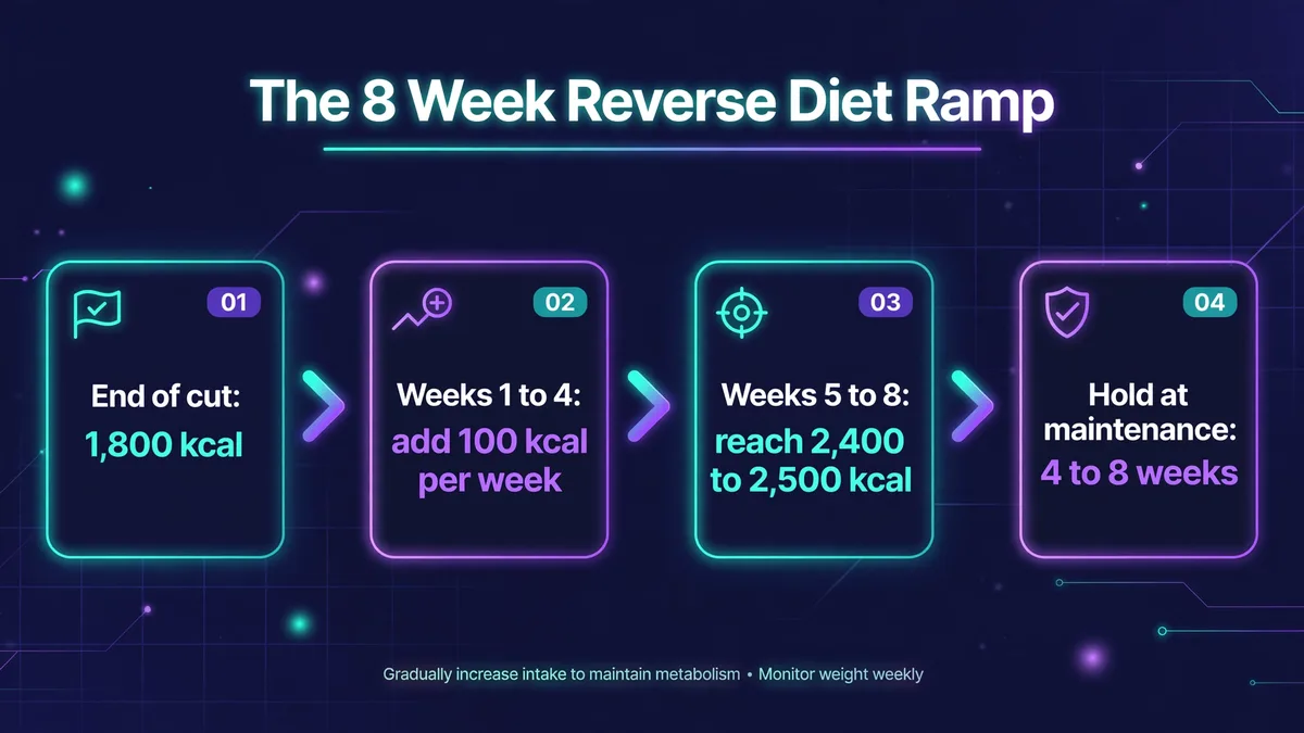 The 8 week reverse diet ramp: start at 1,800 kcal at the end of a cut, add 100 kcal per week during weeks 1 to 4, reach 2,400 to 2,500 kcal by weeks 5 to 8, then hold at maintenance for 4 to 8 weeks