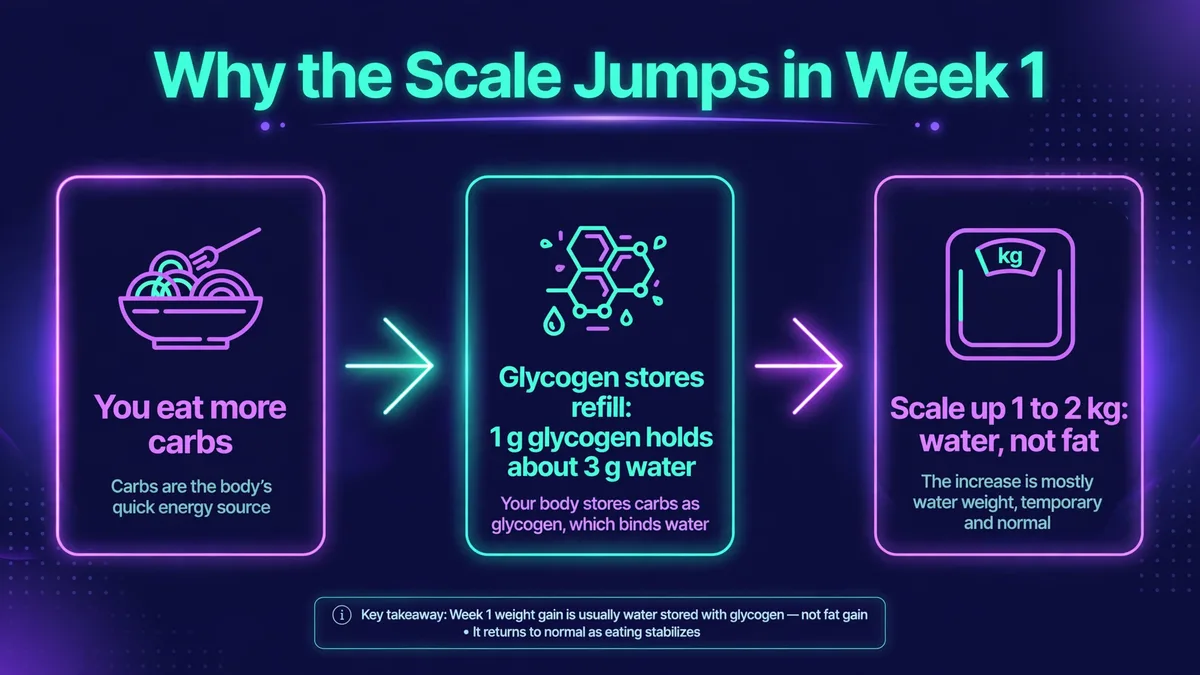 Why the scale jumps in week 1 of a reverse diet: eating more carbs refills glycogen stores, each gram of glycogen holds about 3 g of water, so the scale rises 1 to 2 kg of water, not fat