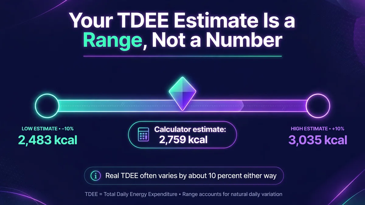 A TDEE calculator estimate is a range, not a number: an estimate of 2,759 kcal can mean a real TDEE between about 2,483 and 3,035 kcal, roughly 10 percent either way