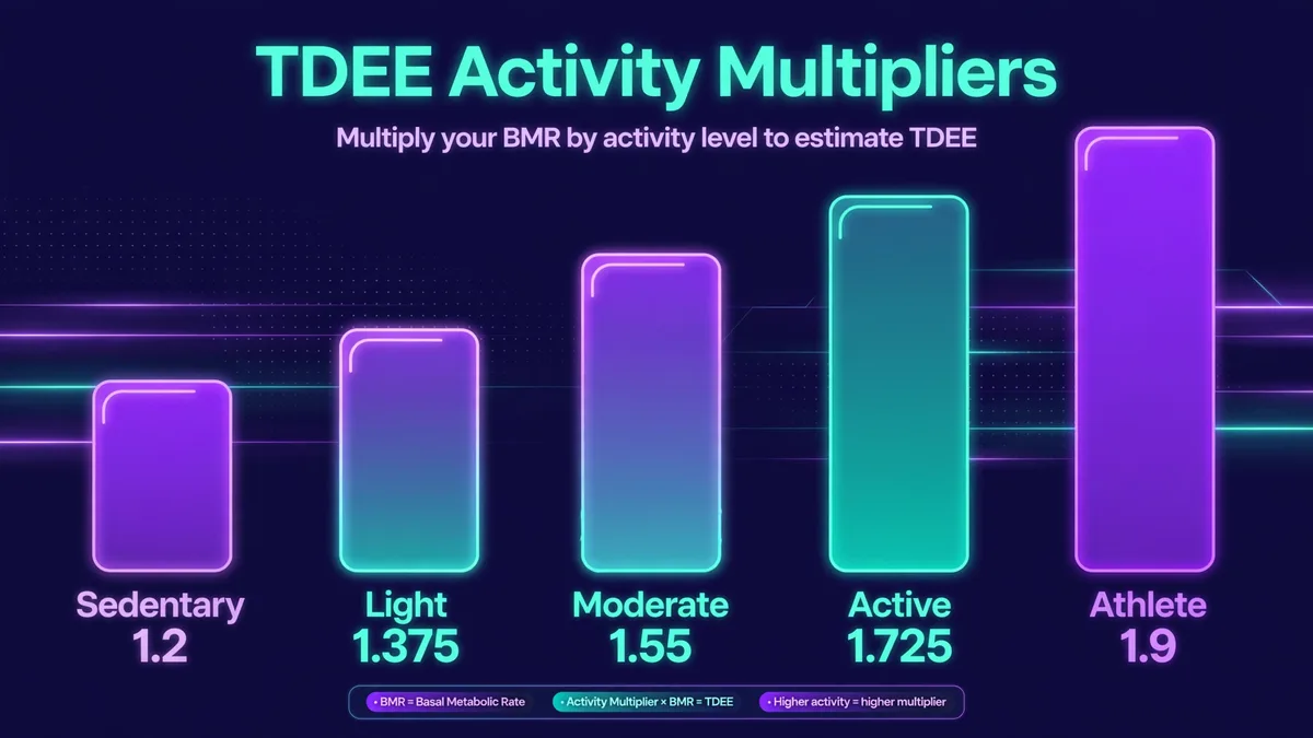 TDEE activity multipliers chart: sedentary 1.2, lightly active 1.375, moderately active 1.55, very active 1.725, athlete 1.9