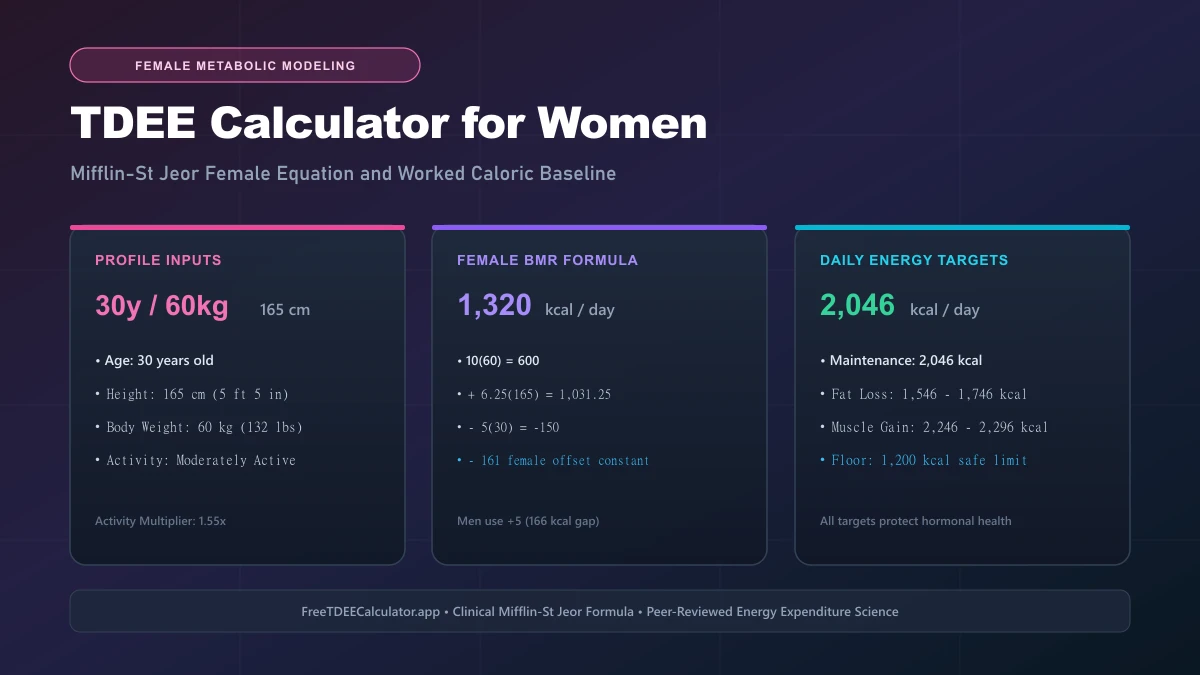 TDEE Calculator for Women: female example, 30 years old, 165 cm, 60 kg, moderately active, BMR 1,320 kcal and TDEE 2,046 kcal using the female Mifflin-St Jeor formula