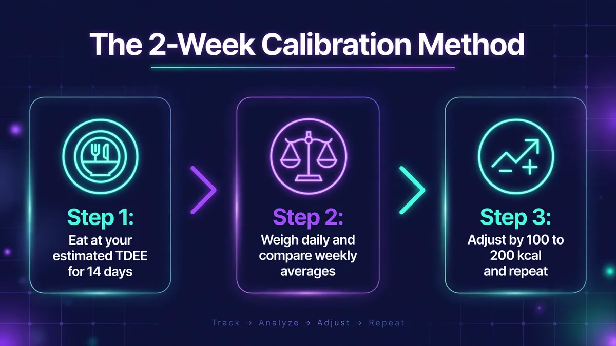 The 2-week calibration method: eat at your estimated TDEE for 14 days, weigh daily and compare weekly averages, then adjust by 100 to 200 kcal and repeat