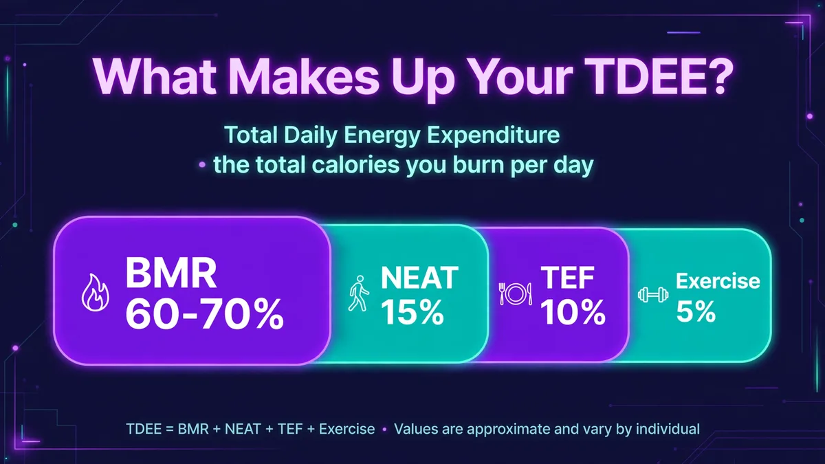 TDEE components breakdown: BMR makes up 60 to 70 percent of daily calorie burn, NEAT 15 percent, TEF 10 percent, and exercise 5 percent