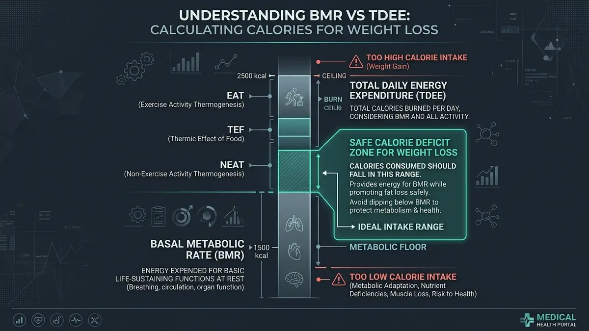TDEE vs BMR for Weight Loss: Safe calorie deficit zone between metabolic floor and ceiling