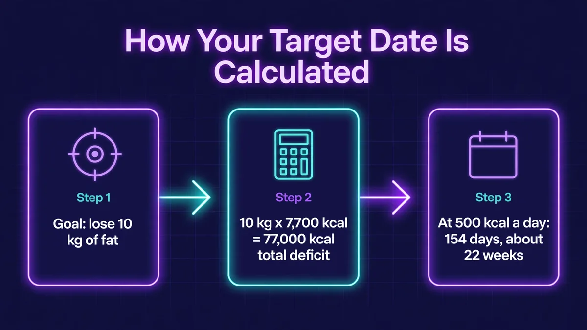 How your weight loss target date is calculated: a 10 kg fat loss goal needs a total deficit of 77,000 kcal (10 kg times 7,700 kcal per kg), which at a 500 kcal daily deficit takes 154 days, about 22 weeks
